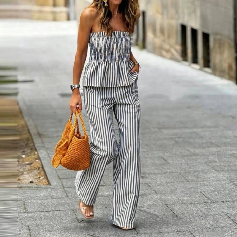 Strapless Bra Backless - Spring Summer Striped Print Holiday Set